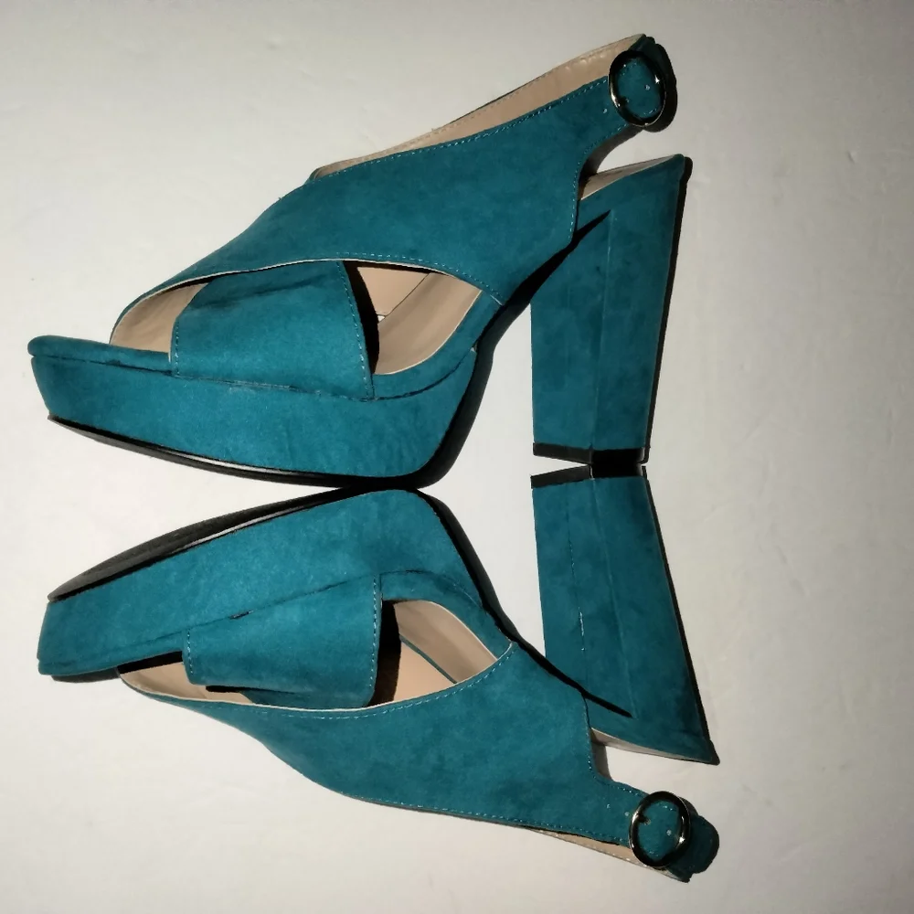 New York & Company (Sz 8) Teal Blue Open Toe Ankle Buckle Strap Platform Heels